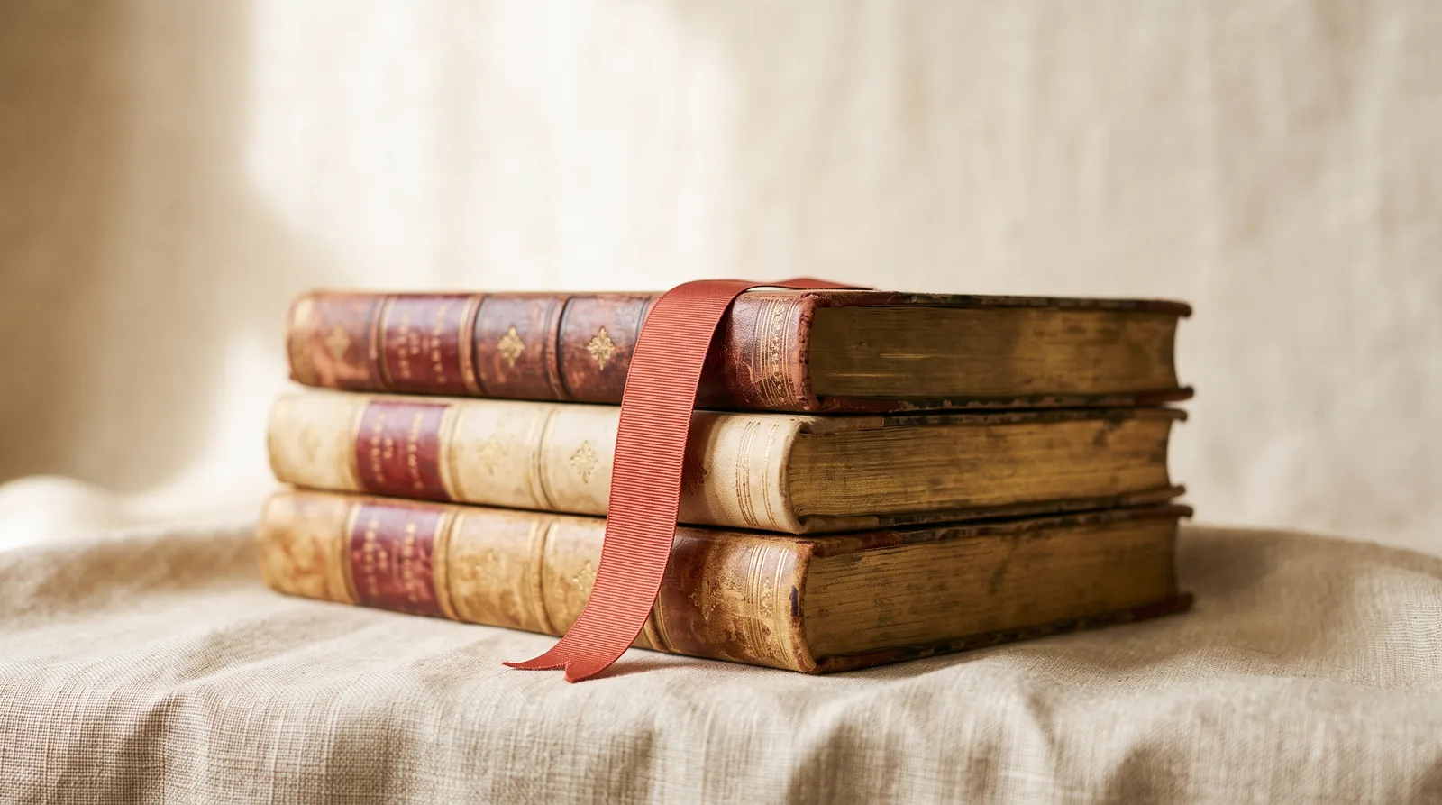 Stilleven van juridische boeken met koraalrood leeslint