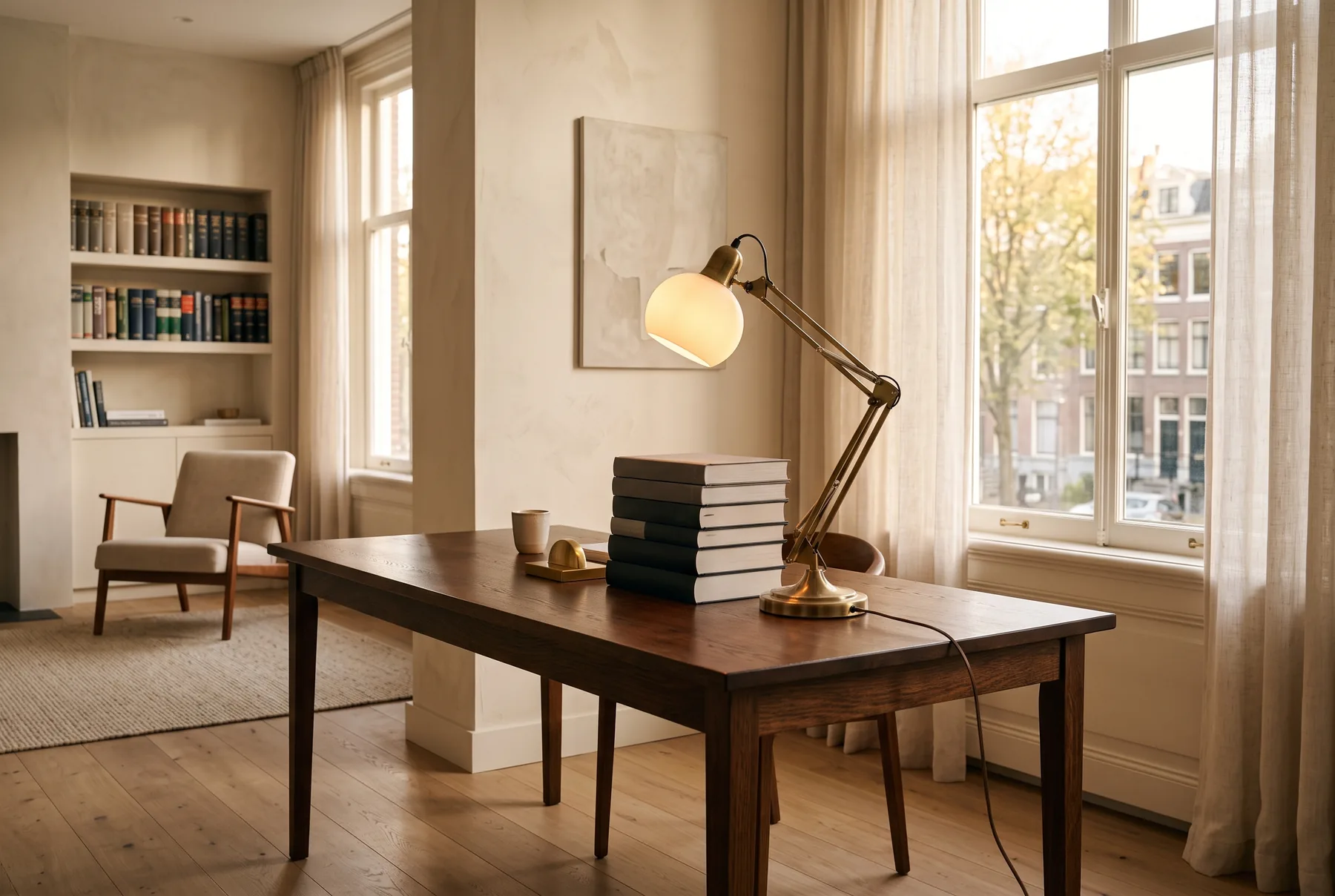 Warm verlicht kantoorinterieur met leestafel en juridische boeken